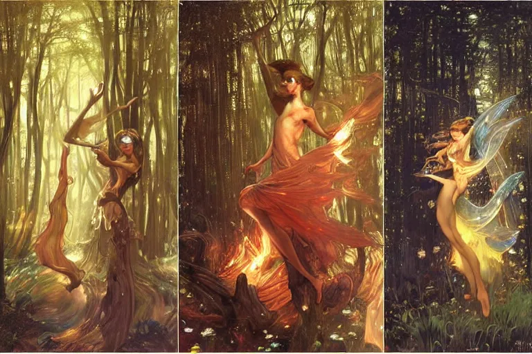 Image similar to dance of fairies around a fire in a forest at night, glowing, painting, muted colors, magical, by peter mohrbacher, by james gurney, by klimt, by alphonse mucha, by john william waterhouse