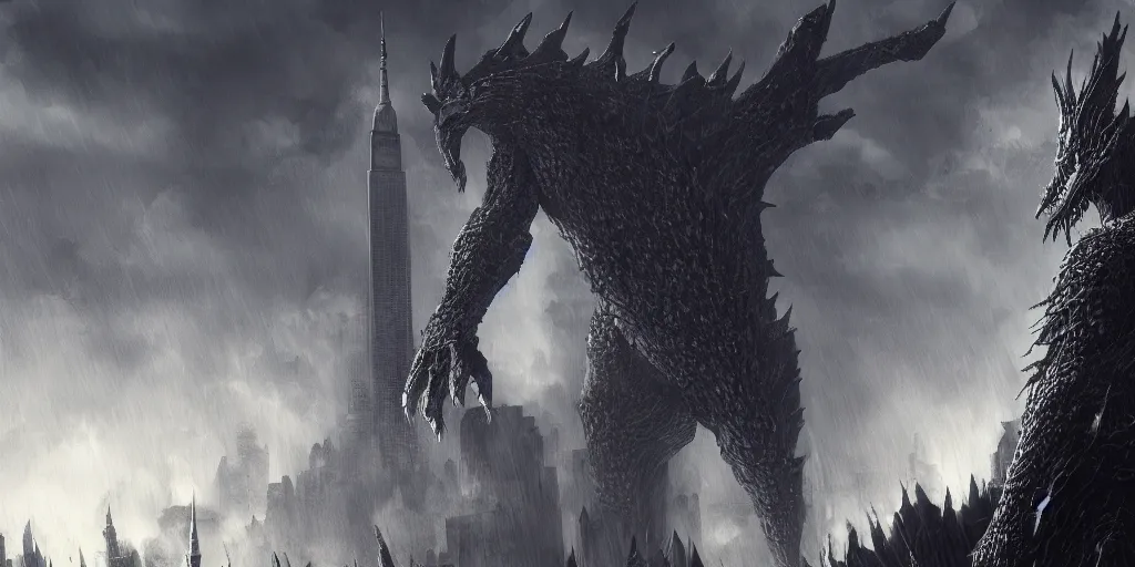 Image similar to Kaiju towering above New York, dark souls concept art, dramatic lighting, highly stylized, high-quality wallpaper, desktopography