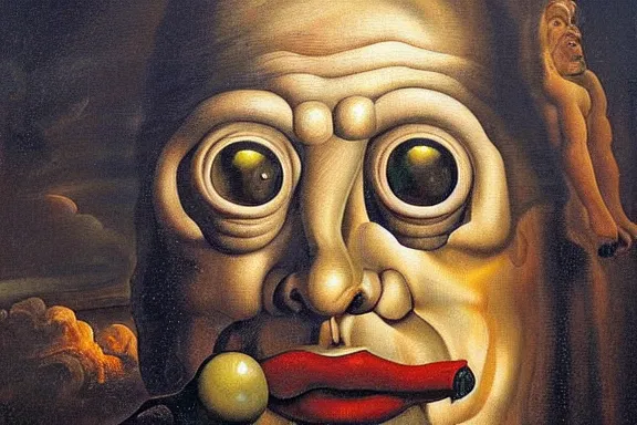 Image similar to oil painting with black background by christian rex van dali todd schorr of a chiaroscuro portrait of an extremely bizarre disturbing mutated man with acne intense chiaroscuro obscuring features lighting perfect composition masterpiece