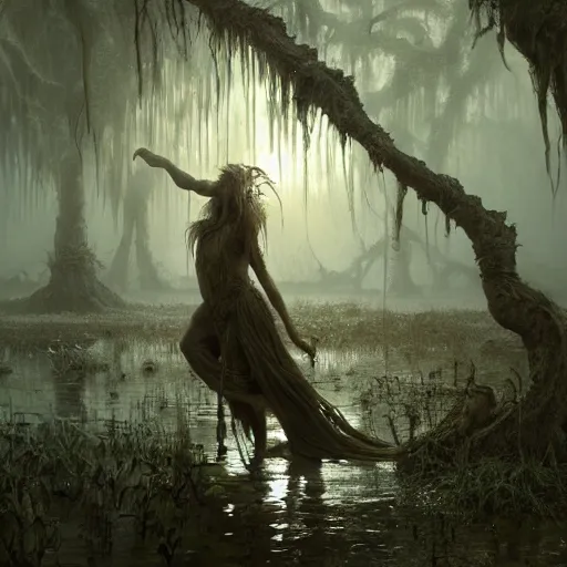 Image similar to swamp with nick nolte as a rotten stem at dusk, misty athmosphere, ultra realistic, concept art, intricate details, eerie, highly detailed, photorealistic, octane render, 8 k, unreal engine. art by ed binkley and ellen jewett and artgerm and greg rutkowski and alphonse mucha