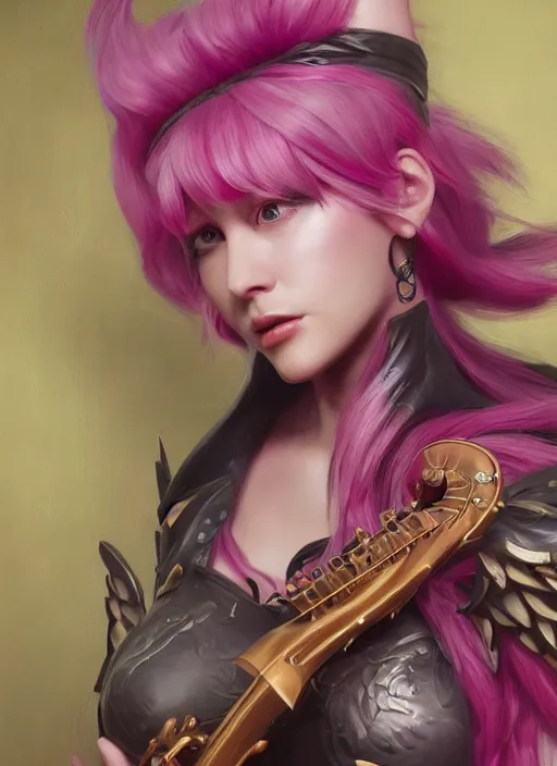 Image similar to seraphine, from league of legends, pink hair, musical instruments, au naturel, hyper detailed, digital art, trending in artstation, cinematic lighting, studio quality, smooth render, unreal engine 5 rendered, octane rendered, art style by klimt and nixeu and ian sprigger and wlop and krenz cushart