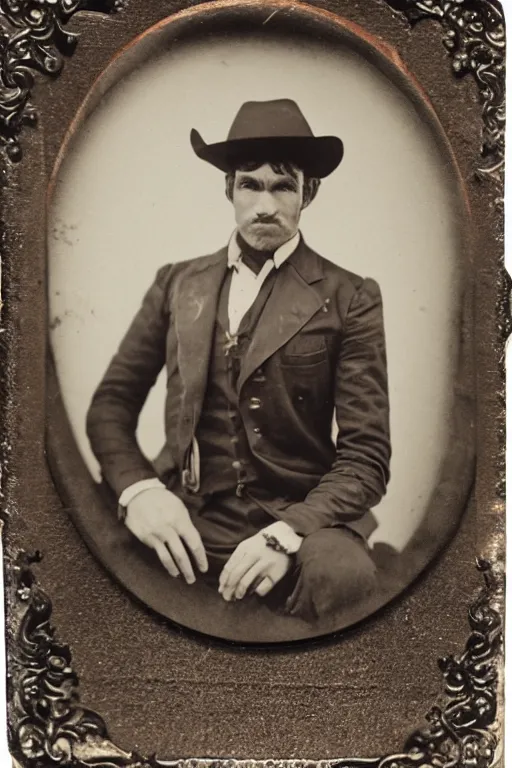 Prompt: tintype photograph of pistol pete with massive ten gallon cowboy hat