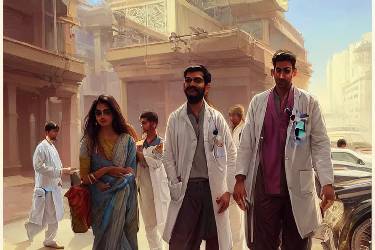 Image similar to Anxious good looking pale young Indian doctors wearing American clothes outside a hospital, portrait, elegant, intricate, digital painting, artstation, concept art, smooth, sharp focus, illustration, art by artgerm and greg rutkowski and alphonse mucha