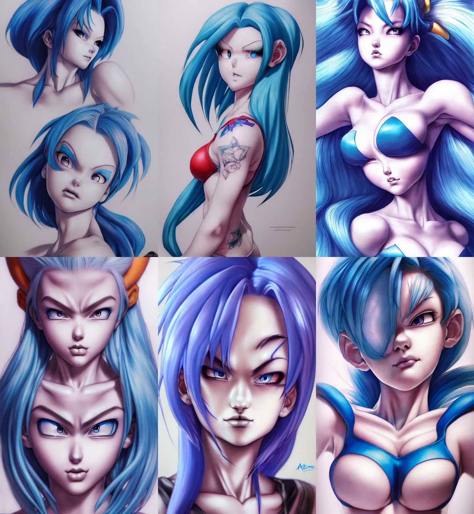 Prompt: gorgeous!! hyper - realistic giant woman resembling bulma + felicia from darkstalkers, tattoos | drawn by artgerm, drawn by wlop, drawn by jeehyung lee | intricate, high detail, ultra graphics, photorealistic, symmetrical, cinematic, smooth, sharp focus, character design, expressive, cute, beautiful!!