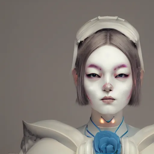 Image similar to an eerie but beautiful and feminine looking android, white mask and blue eyes, japanese geisha style, by Ash Thorp, 8k, octane render, highly detailed, moody, atmospheric