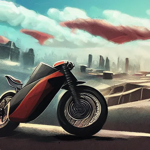 Prompt: POV of driving a motorcycle through a dystopian wasteland, with giant airpods in the sky, clouds of miasma, drab colors, by Jenks Pafroot and Williamsi Williamson, concept art, wild style