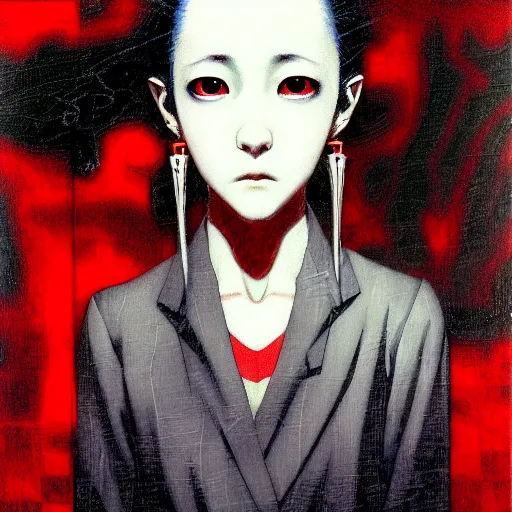 Image similar to yoshitaka amano blurred and dreamy realistic three quarter angle horror portrait of a sinister young woman with short hair, big earrings and red eyes wearing office suit with tie, junji ito abstract patterns in the background, satoshi kon anime, noisy film grain effect, highly detailed, renaissance oil painting, weird portrait angle, blurred lost edges