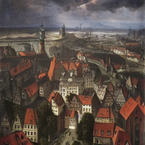 Image similar to dark fantasy, 17th century German city, dark stone, rain, view from above, hyper-detailed