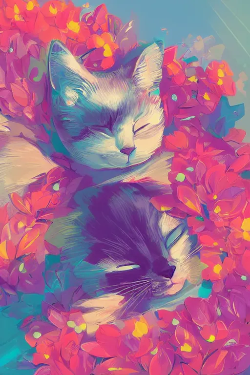 Image similar to a digital art of a cat sleeping in the room with flowers around in the afternoon, the sun shines in, animal, light effect, highly detailed, by anton fadeev