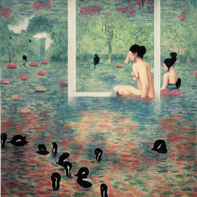 Image similar to painting of flood waters inside an apartment, emo catgirl art student, a river flooding inside, taps with running water, tangelos, zen, pigs, ikebana, water, river, rapids, waterfall, black swans, canoe, pomegranate, berries dripping, acrylic on canvas, surrealist, by magritte and monet