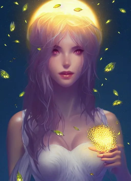 Image similar to queen of the night surrounded by fireflies with the fullmoon in the background, highly detailed, artgerm style, artstation, soft light, sharp focus, illustration, character design, concept art