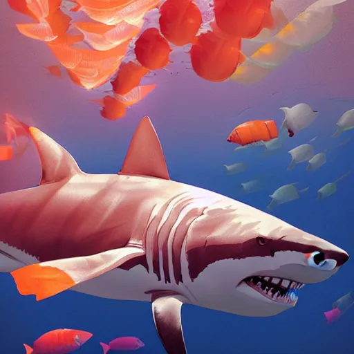 Image similar to great white shark with orange and white striped traffic cones instead of fins, underwater background detailed atmospheric - ron cheng & alphonse mucha, highly detailed, digital painting, ray tracing, concept art, illustration, smooth sharp focus, intricate, symmetry, artstation,