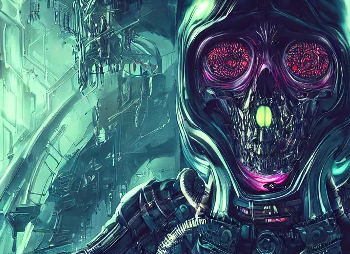 Image similar to a futuristic skull with glowing eyes and a wormhole tunnel cyberpunk art by android jones, featured on artstation, darksynth, synthwave