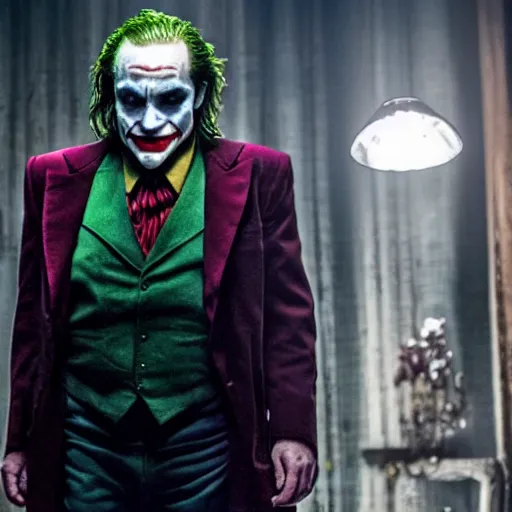 Image similar to stunning awe inspiring ( robin williams ) as the joker 8 k hdr movie still atmospheric lighting