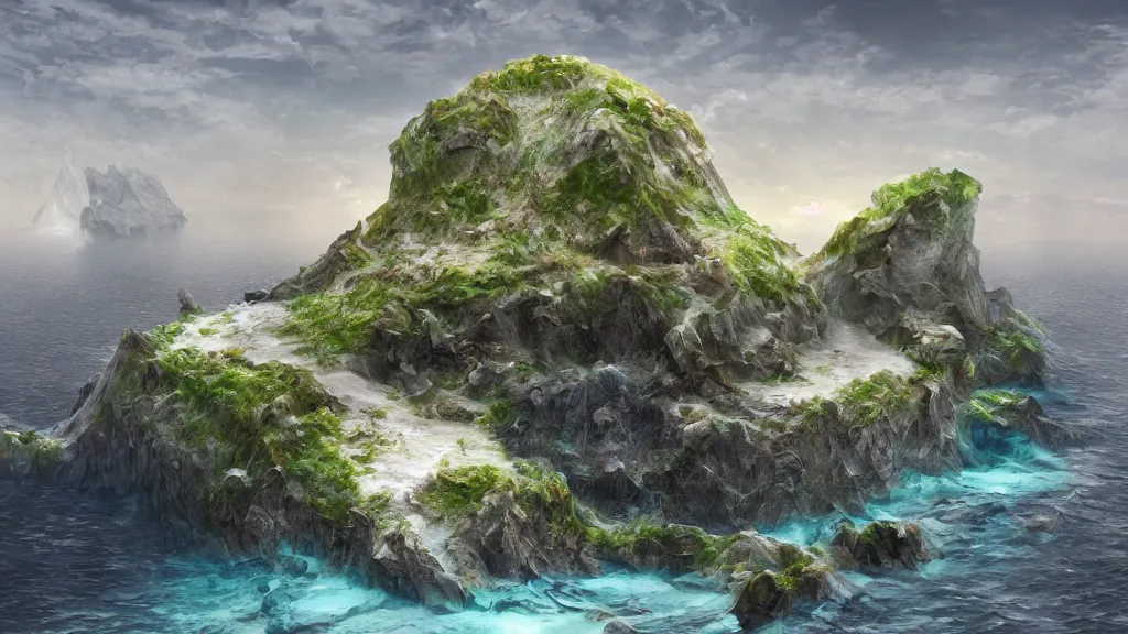 Prompt: fantasy desiccated crystal island, covered in salt, viewed from the ocean, high quality digital art, high detail, trending on artstation
