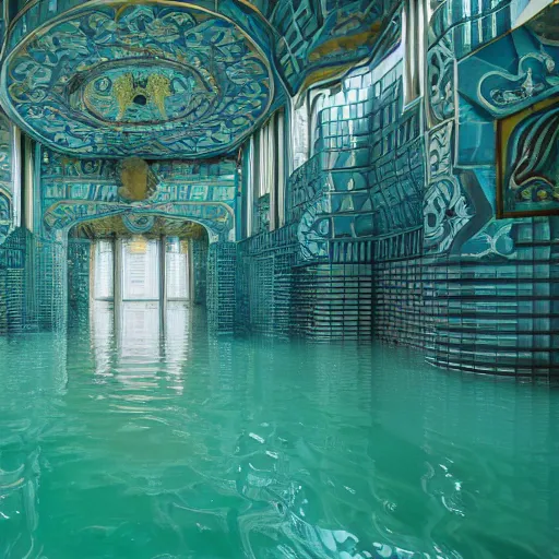 Prompt: the interior of an expansive building with surreal architecture, partially flooded with blue - green water, made of ceramic tiles, liminal space, - n 9