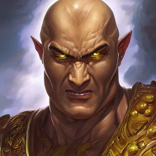 Image similar to a fantasy comic book style portrait painting of a bald half - orc male warrior, art by artgerm, boris vallejo, karol bak, mark brooks, donato giancola, bayard wu, 4 k, hires, focus