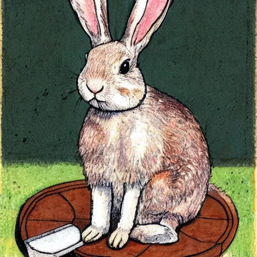 Image similar to a rabbit sitting on a chessboard, in the style of carl larsson