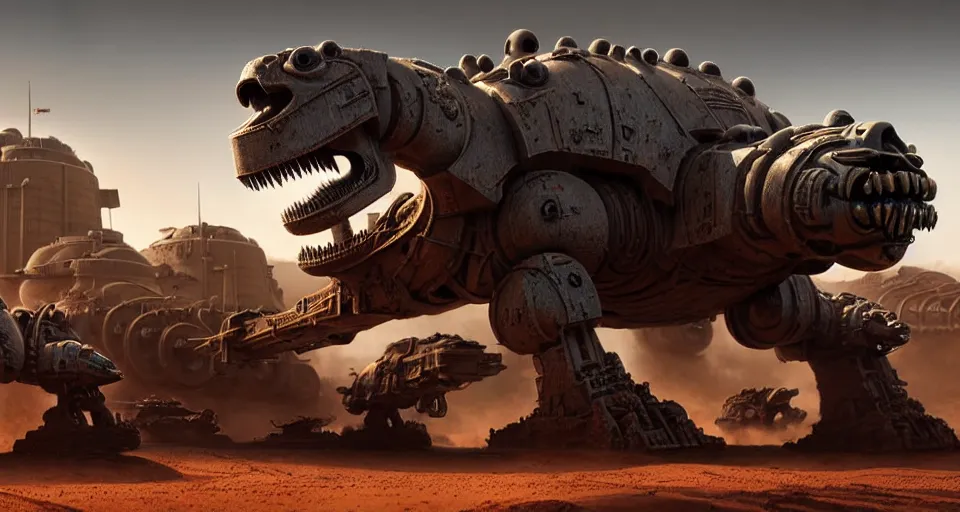 Prompt: pixar running dinosaurs atat googly eyes, military tank fury road iron smelting pits space marines, highly detailed cinematic scifi render of 3 d sculpt of spiked gears of war skulls bucketwheel, military chris foss, john harris, hoover dam'aircraft carrier tower'beeple, warhammer 4 0 k, halo, halo, mass effect