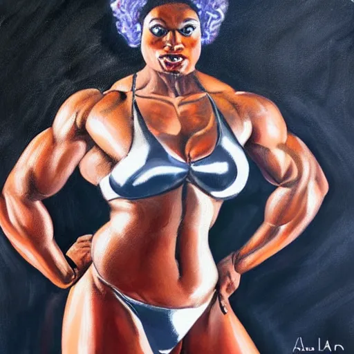 Prompt: Full-body portrait of a Black transgender female bodybuilder wearing a silver micro bikini. Oil on canvas, dramatic lighting. Abstract background. In the style of Leon Leonard and Alain Aslan. —height 1024 —width 768