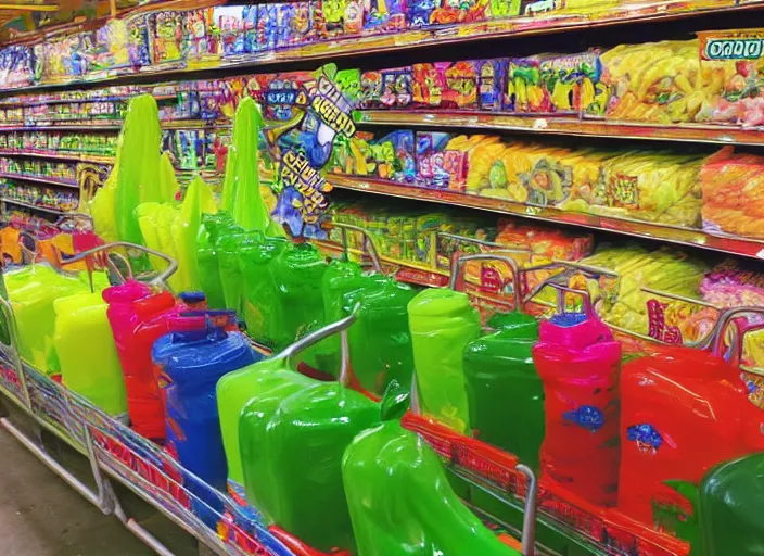 Prompt: the episode of supermarket sweep where the aisles are filled with nickelodeon slime hd