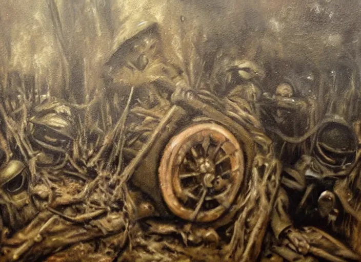 Prompt: realistic dark oil painting of spongebob squarepant inside ww 1 trenches, holding rifle, terrified, scared, war film