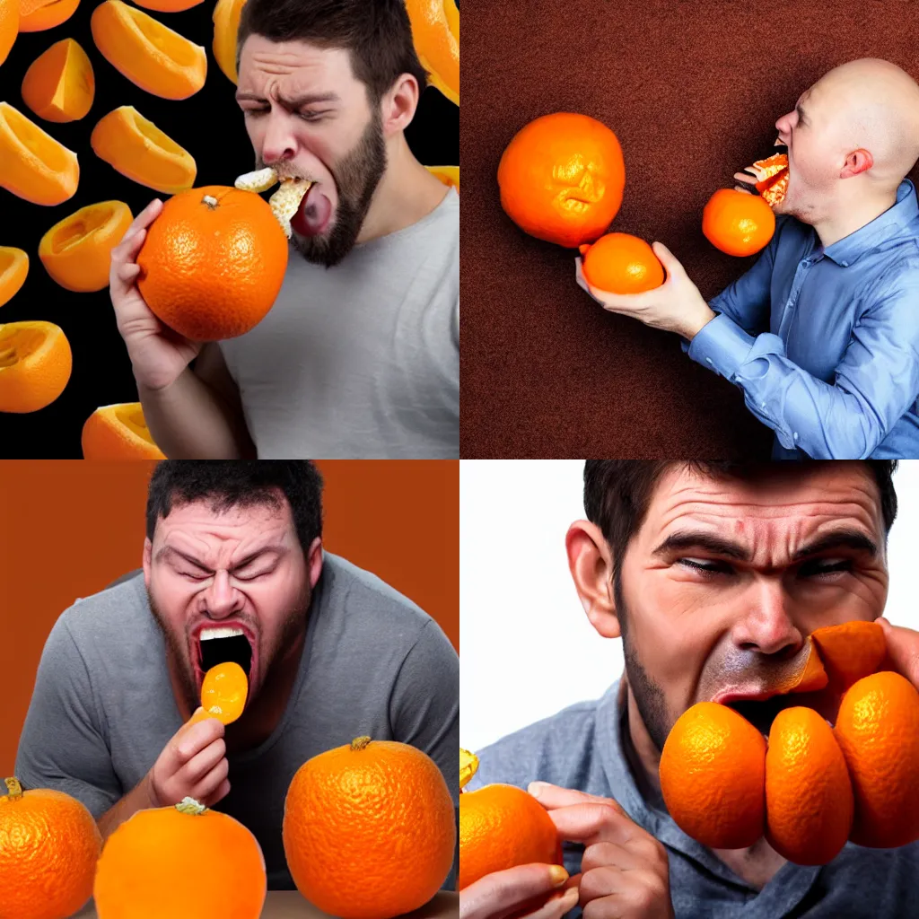 Prompt: man aggressively eating annoying orange