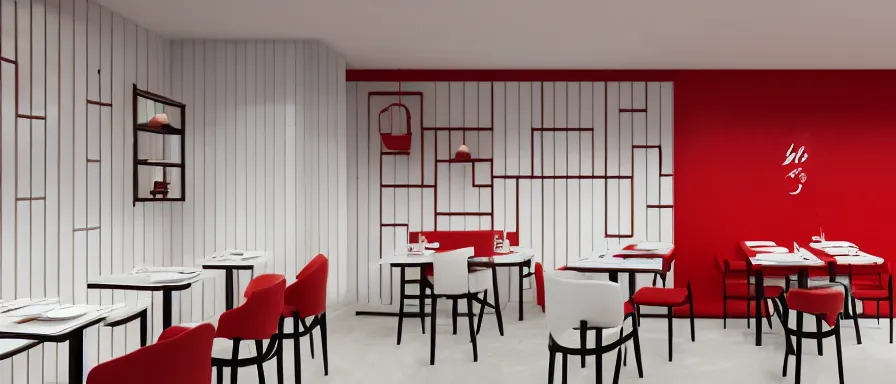 Image similar to a beautiful simple interior render of small roasted string hotpot restaurant restaurant yan'an, wall corner, from china, red paper wall and white tile floor, rectangle white porcelain table, fine simple delicate structure, chinese style, simple composition, simple style structure decoration design, victo ngai, 4 k hd