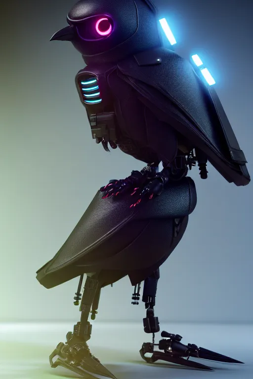 Prompt: high quality 3 d render very cute cyborg crow! incorporated speakers!, cyberpunk highly detailed, unreal engine cinematic smooth, in the style of blade runner & detective pikachu, hannah yata charlie immer, moody light, low angle, uhd 8 k, sharp focus