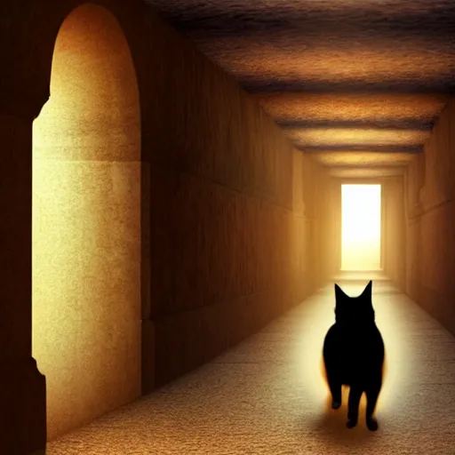 Image similar to a cat that is walking down a hallway, egyptian art by hanns katz, pixabay contest winner, magical realism, anamorphic lens flare, storybook illustration, matte painting