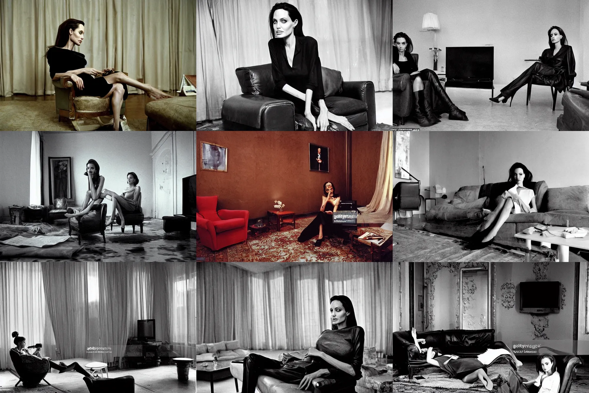 Prompt: angelina jolie lies in beautiful clothes sits on a leather armchair and watches tv, soviet interior, soviet apartment of a citizen of the ussr, photo 1 9 9 0 s, by georges desvallieres