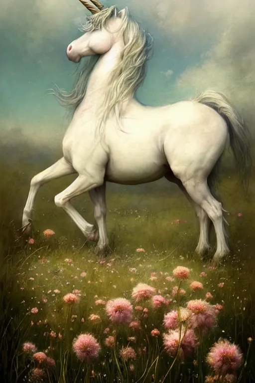 Image similar to a unicorn on the flowery meadow | esoteric symbolism | jean - baptiste monge, esao andrews, bastien lecouffe - deharme, tim jacobus, ken currie | ultra - detailed realism, soft cinematic lighting, hi - fructose, artstation, high - quality, ink watercolors wes anderson poster art