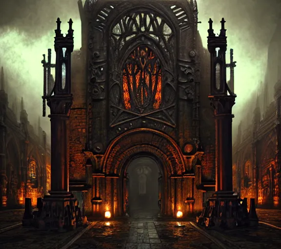 Image similar to steam necropolis, memento mori, gothic, neo - gothic, art nouveau, hyperdetailed copper patina medieval icon, stefan morrell, philippe druillet, ralph mcquarrie, concept art, steampunk, unreal engine, detailed intricate environment, octane render, moody atmospherics, volumetric lighting, ultrasharp, ominous, otherworldly