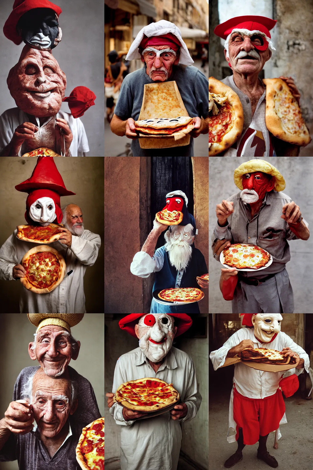 Prompt: close - up portrait of a wrinkled old man wearing a pulcinella mask holding up a pizza!! to behold, clear eyes looking into camera, baggy clothing and hat, masterpiece photo by steve mccurry