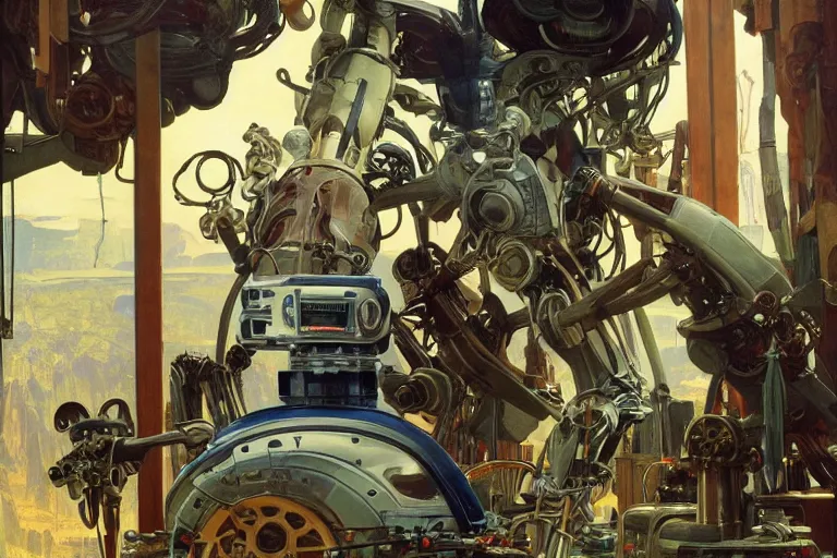 Image similar to natural landscape | robot repairing another robot, painting by syd mead and weta studio, alphonso mucha, james jean, frank frazetta, highly detailed, rule of third, soft lighting, 8 k resolution, oil on canvas, architectural magazine, beautiful detailed, insanely intricate details, artstation trending, hypermaximalistic, high details, cinematic