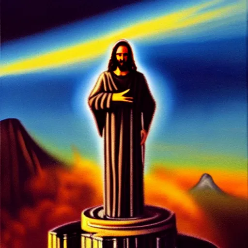 Image similar to detailed painting of christ the redeemer statue as a cyborg, in front of a nuclear explosion, cyberpunk, retro-futurist, dark