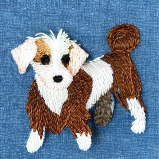 Image similar to a tiny beautiful handmade embroidery of a cute long haired wire haired jack russell terrier puppy, white with brown spots and patches over both eyes. hand embroidery.