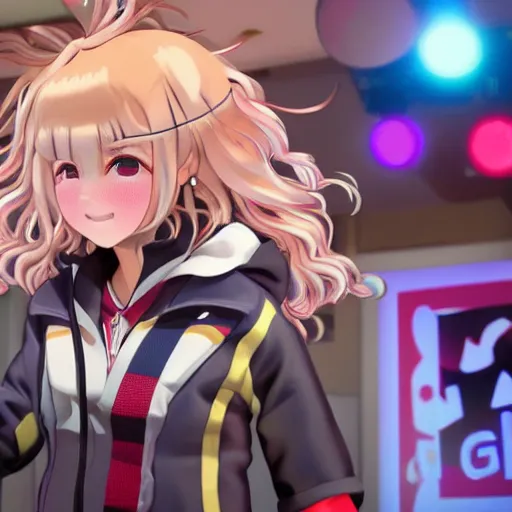 Prompt: chiaki nanami, a japanese girl with light beige hair in a bob that curls outward, a galaga hairpin, rosy cheeks, a dark turquoise hoodie, and a kind smiling face stars in her own broadway show, ultimate gamer, chiaki nanami from danganronpa, proshot getty images fullbody stage lights, gamer themed, professional photography