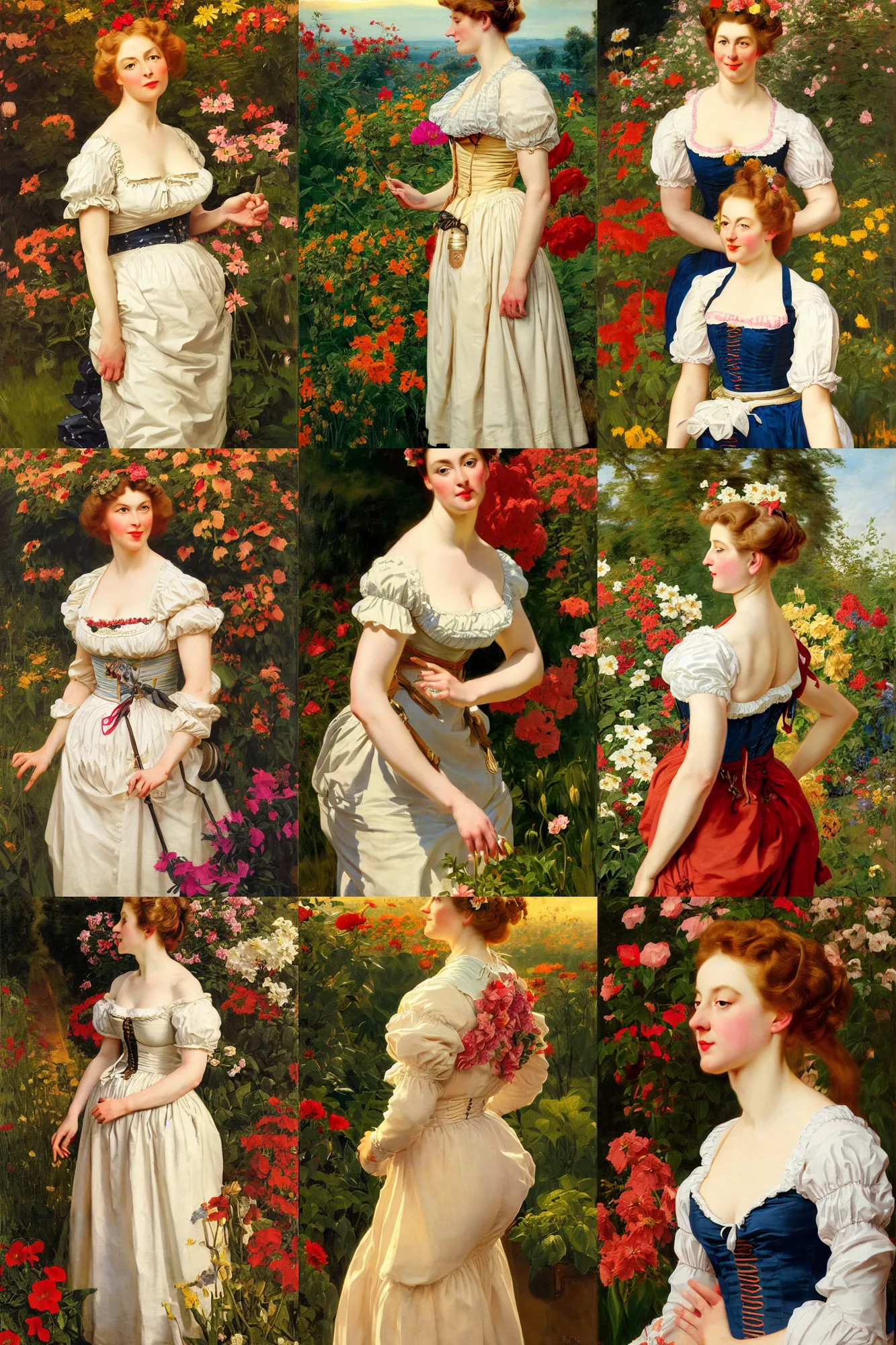 Prompt: gillian king staring ahead, wearing a seductive dirndl in a flower garden, golden hour, artstation, by j. c. leyendecker and peter paul rubens,