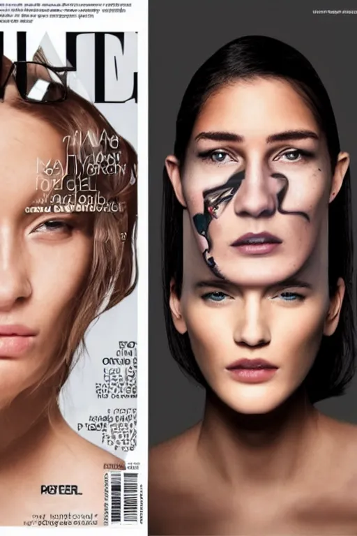 Image similar to -A man is standing next to table and watching the fashion magazine, he trasforms his face into a copy of female model's face which is in the fashion magazine.