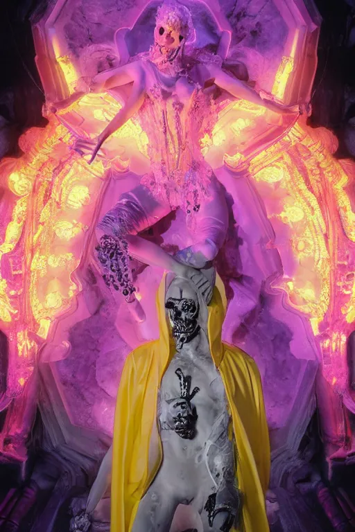 Prompt: photo of fullbody rococo and cyberpunk delicate neon crystalline sculpture of seductive muscular onyx albino marble prince liam payne orange iridescent humanoid deity wearing pink plastic hooded cloak holding an onyx skull in a onyx space dungeon, reclining, glowing yellow face, crown of white diamonds, cinematic lighting, photorealistic, octane render 8 k depth of field 3 d