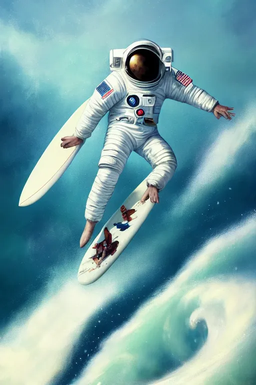 Image similar to a beautiful digital painting of an astronaut in a white space suit surfing the great wave on a surfboard by greg rutkowski, photorealistic, trending on artstation, octane render