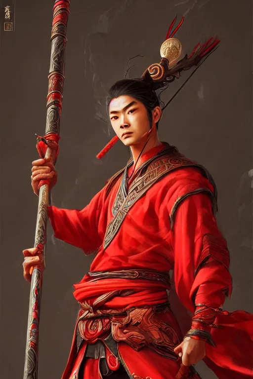 Image similar to a masterpiece portrait of nezha, red cloth around his shoulders, hold spear, cinematic, fantasy character portrait, highly detailed, by ne zha ( 2 0 1 9 ), fenghua zhong,