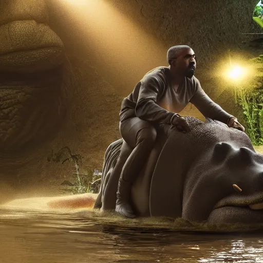 Prompt: Kanye West riding an ((aligator)), next to ((Shrek)), splash art, movie still, cinematic lighting, dramatic, octane render, long lens, shallow depth of field, bokeh, anamorphic lens flare, 8k, hyper detailed, 35mm film grain