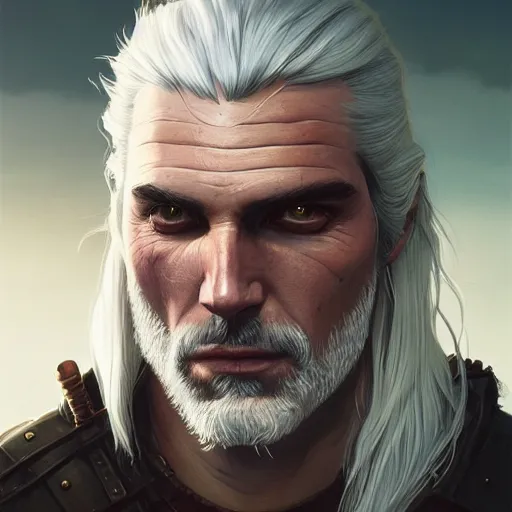 Image similar to highly detailed portrait of geralt of rivia, stephen bliss, unreal engine, fantasy art by greg rutkowski, loish, rhads, ferdinand knab, makoto shinkai and lois van baarle, ilya kuvshinov, rossdraws, tom bagshaw, global illumination, radiant light, detailed and intricate environment