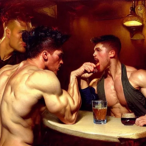 Image similar to attractive muscular male with red hair and muscular attractive male with black hair, drinking their hearts out, in a pub. very defined and highly detailed painting by gaston bussiere, j. c. leyendecker, craig mullins 8 k