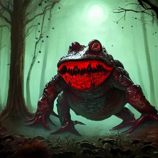 Image similar to giant evil monsterous slimy toad in the dark forest, glowing red eyes, slimy toads, foggy, atmospheric, highly detailed, hyperrealistic, gothic horror, trending on artstation, digital art, dark fantasy