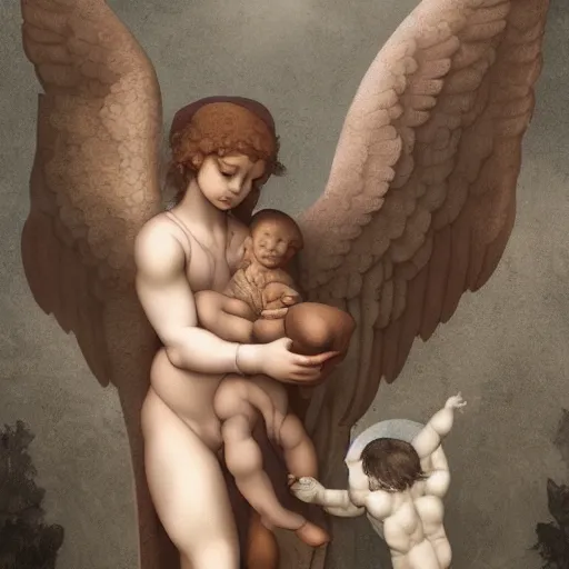 Image similar to guardian angel protecting child by michelangelo, very detailed, deviantart, artstation