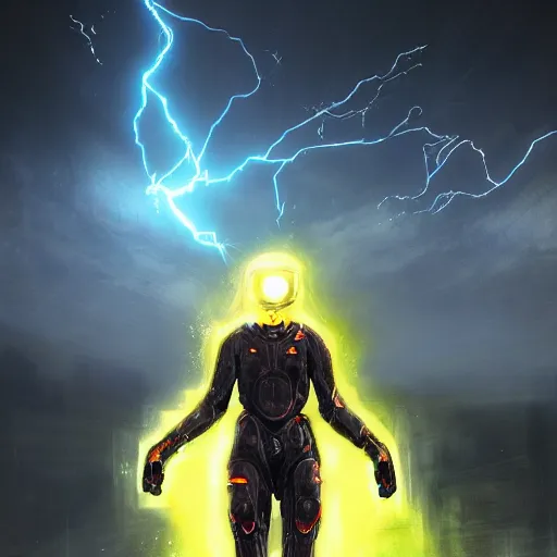Image similar to Thin smooth transparent ethearal Sci-fi yellow Lightning elemental wearing red high-tech goggles shifting in and out of reality, heroic pose, full body, illustration, epic concept art, dark sci-fi background, action scene, dramatic artwork, surreal, flying, lightning, by Greg Rutkowski and Peter Elson