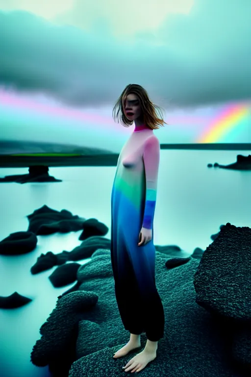 Image similar to high quality pastel coloured film close up wide angle photograph of a model wearing clothing swimming on cloud furniture in a icelandic black rock!! environment in a partially haze filled dreamstate world. three point light, rainbow. photographic production. art directed. pastel colours. volumetric clouds. pastel gradient overlay. waves glitch artefacts. extreme facial clarity. 8 k. filmic.